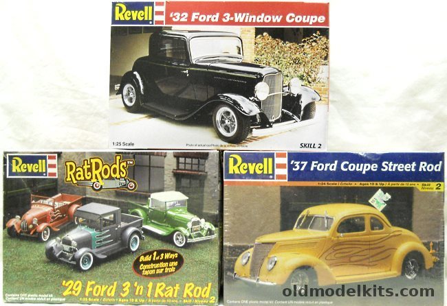 Revell 1/25 85-7605 1932 Ford 3 Window Coupe / 85-2348 1929 Ford 3 in 1 Rat Rod / 85-2598 1937 Ford Coupe Street Rod plastic model kit